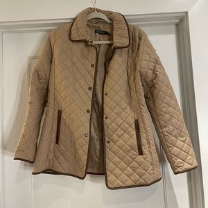 Lauren by Ralph Lauren Quilted Tan + Faux Leather Trim Jacket Coat, Size Medium
